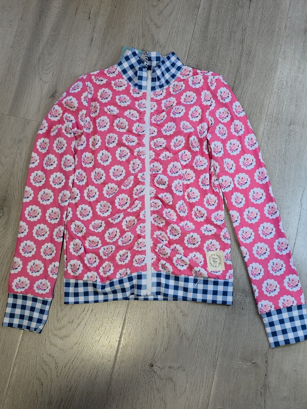 Olive Mae Girls Pink Floral Zip-Front Jacket with Gingham Trim, Size 7/8